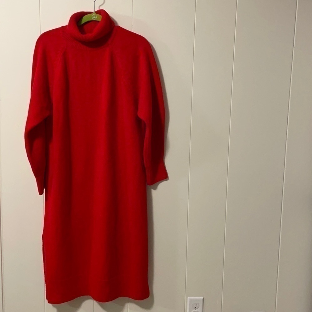 Sweater Dress RED Turtleneck MIDI Metallic Side Slit Dress